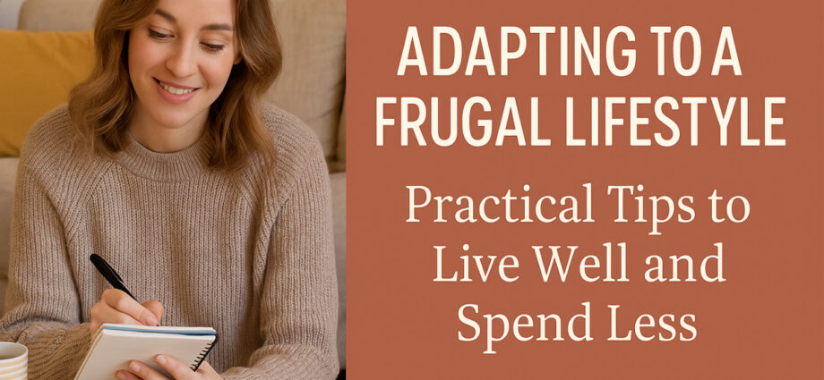 Young woman in a beige sweater holding a credit card and bill while budgeting at a table with a laptop and notebook, with the text “Adapting to a Frugal Lifestyle – Practical Tips to Save Money” overlaid.