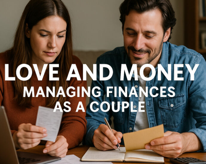 Caucasian couple sitting at a wooden table reviewing finances together, with a laptop, calculator, and notebook, and the text “Love and Money: Managing Finances as a Couple” overlaid.